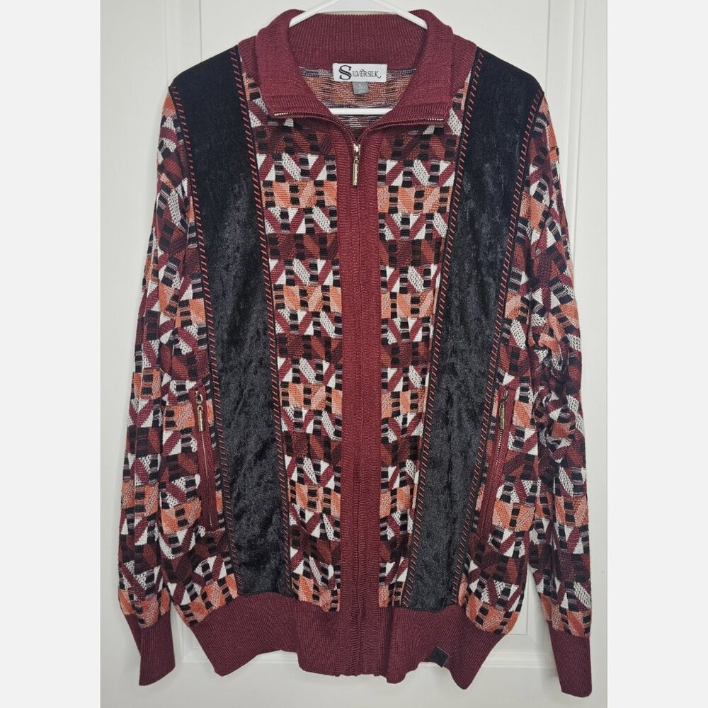 Silversilk Mens Large Knit Jacket Sweater Black Red Full Zip Geometric